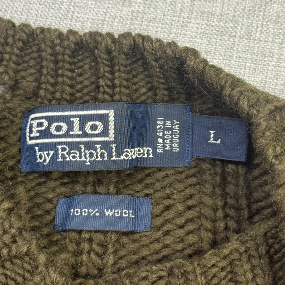 Polo Ralph Lauren Vintage Wool Ribbed Fisherman Sweater Mens Large Green Brown